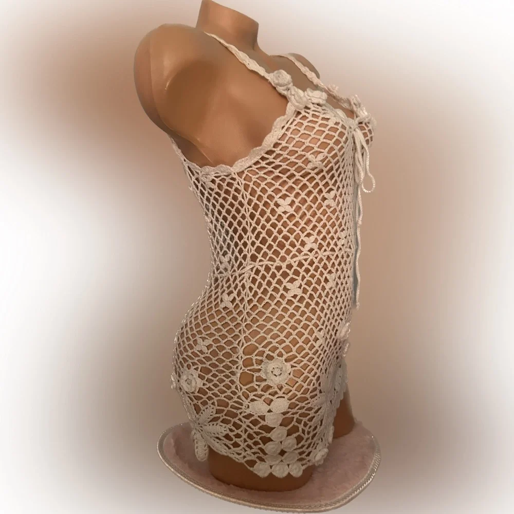 Barbie crochet cover up dress Y2K 90’s jumper twisted heart tank sexy sweater L - Picture 1 of 4